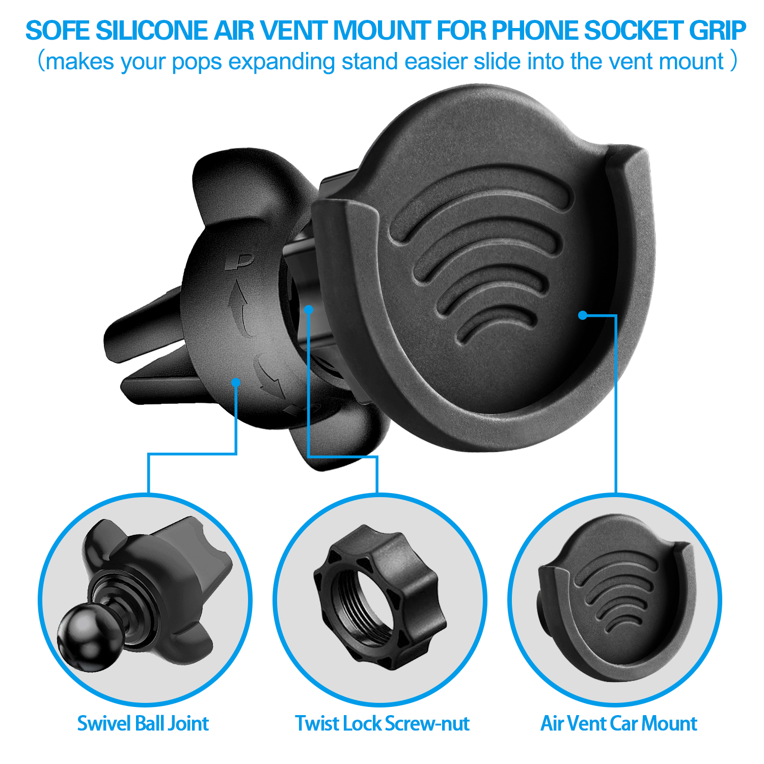 pop-tech Air Vent Phone Holder for Socket Mount, 360° Rotation Vent Clip Car  Mount Silicone with Adjustable Switch Lock for Collapsible Grip /GPS  Navigation & Sticky Adhesive for Expanding Stand Black 